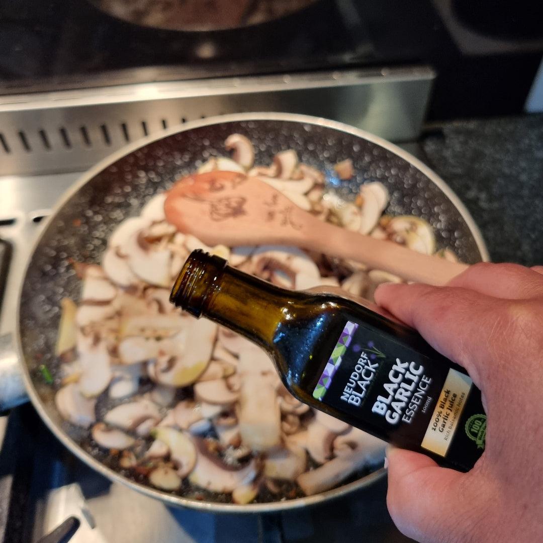 Black Garlic Essence and mushrooms