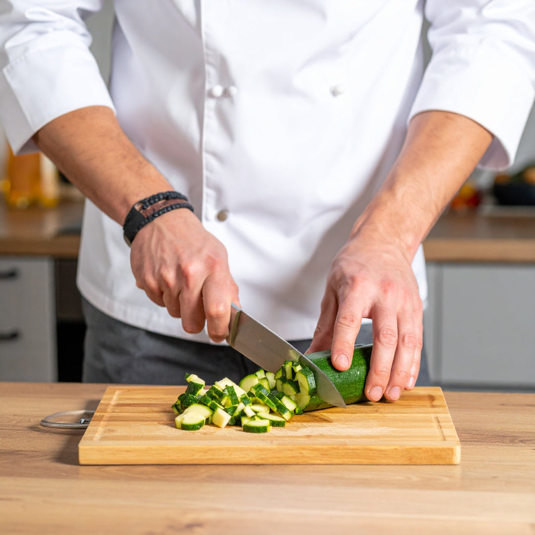 chef dicing green courgette